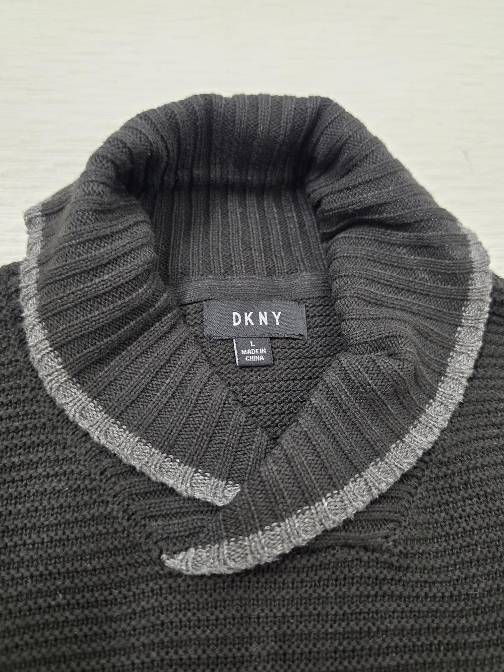 DKNY Men’s Black Shawl Collar Sweater with Gray Trim